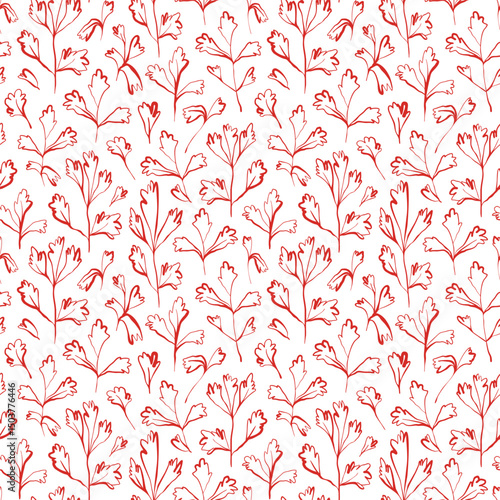 Whimsical hand drawn parsley seamless pattern in red on white background with playful organic line style