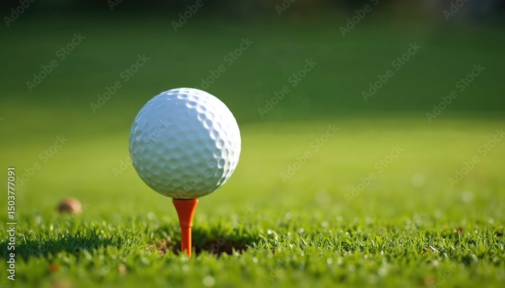 Golf ball on tee ready for a shot. White dimpled ball stands on orange tee in green grass. Sport, recreation, leisure, competition, activity. Tournament, spring, summer, healthy lifestyle. Golf ball on tee ready for a shot. White dimpled ball stands on orange tee in green grass. Sport, recreation, leisure, competition, activity. Tournament, spring, summer, healthy lifestyle.