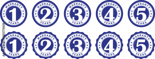 blue and white warranty years badge icons from 1 to 5 for quality assurance, guarantee, and product labels	