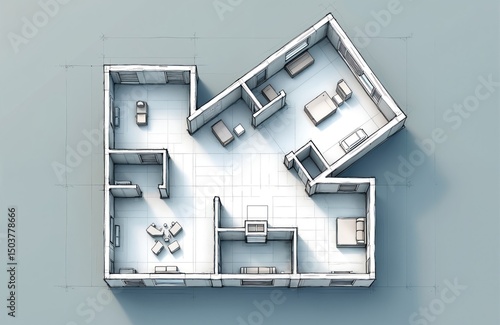 Architectural floor plan sketch showing modern apartment layout. Top view diagram of residential interior design. Residential project project drawing of home interior space. Minimalist blueprint with