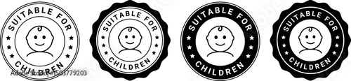 Four black and white suitable for children labels with smiling baby face icon in circular badge design	