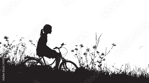 Isolated young woman silhouette sit close bike on hill 
