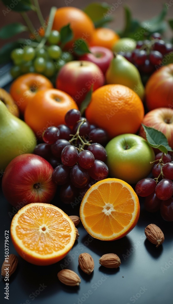 Abundance of Fresh Fruits with Apples, Oranges, Grapes, Pears, and Almonds on a Dark Surface Abundance of Fresh Fruits with Apples, Oranges, Grapes, Pears, and Almonds on a Dark Surface