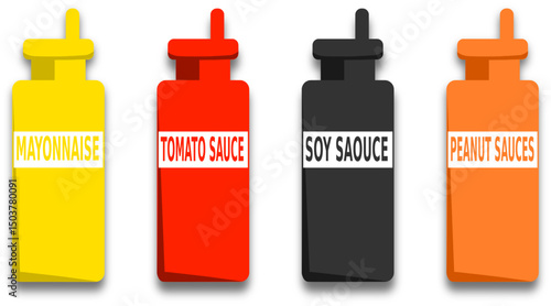 illustration vector of assorted condiment bottles: tomato ketchup, mayonnaise, soy sauce, and peanut sauce, arranged neatly with labels, ideal for food packaging design.