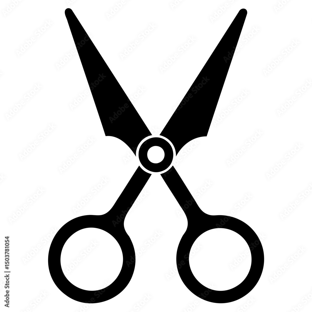 A simple black and white illustration of open scissors with circular finger holes and sharp blades A simple black and white illustration of open scissors with circular finger holes and sharp blades