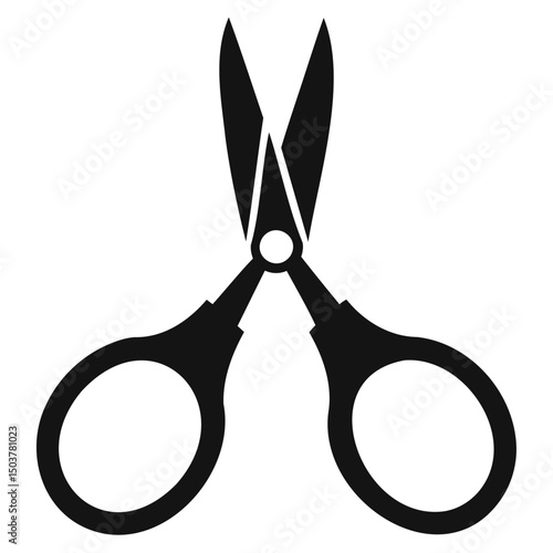 Silhouette of open scissors with sharp blades and circular handles on a white background image view