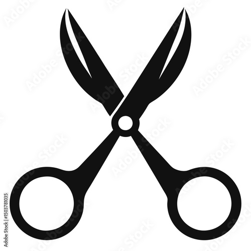 A solid black silhouette of open scissors with rounded handles and pointed blades on a white background