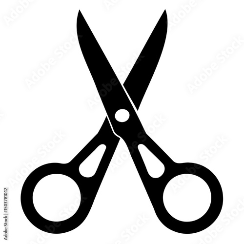 A graphic representation of a pair of scissors with black blades and handles on a white background design