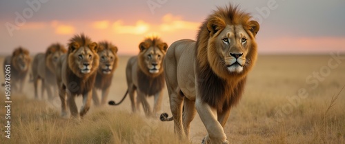 Lions Pride in the Savannah: A majestic pride of lions strides confidently across the golden African savannah at sunset.