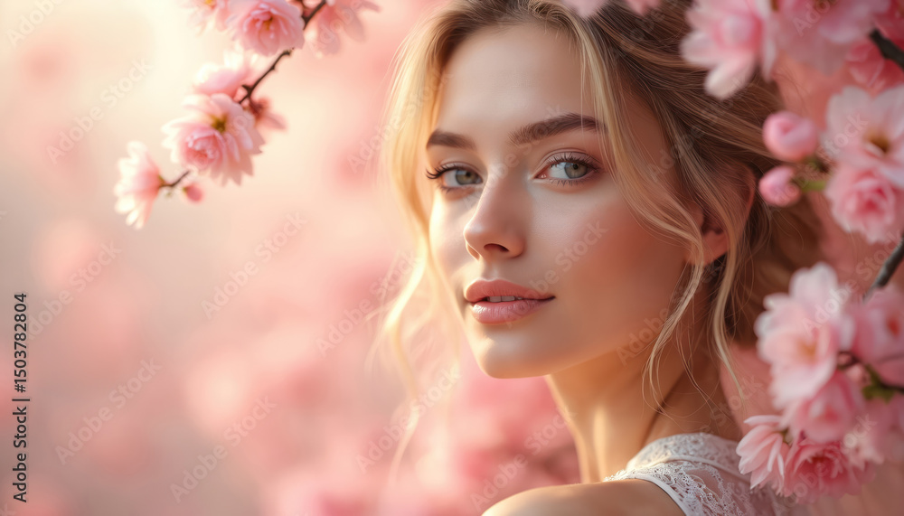 Fototapeta premium Beautiful woman in floral spring background. Natural beauty, soft skin, healthy face, fresh makeup, and cheerful expression. Pink flowers blossoms. Concept of beauty, skincare, health, joy, happiness.
