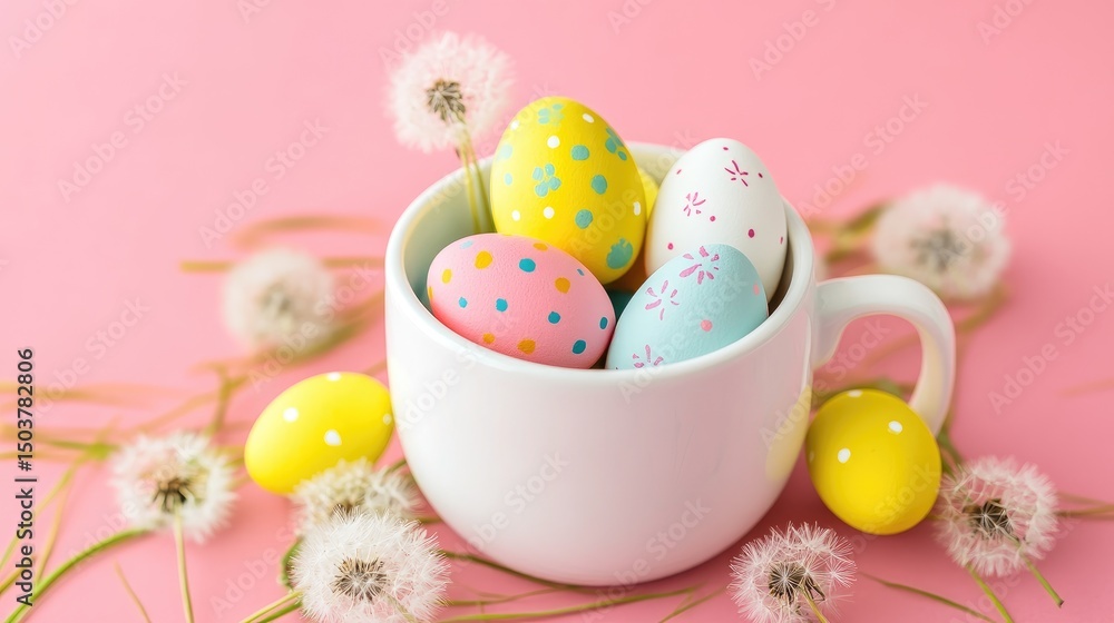 Fototapeta premium Easter eggs of different colors in cup on white background. Easter eggs in pastel colors. 