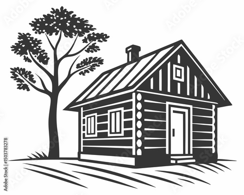 Minimal hut icon with tree vector silhouette, Hut silhouette vector design, A hut icon black color silhouette illustration