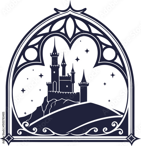 Enchanting Castle Silhouette on Hilltop with Starry Night Framed by Ornate Gothic Arch Design