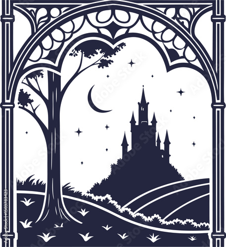 Nighttime Castle Silhouette with Crescent Moon Framed by Ornate Arch and Tree Design