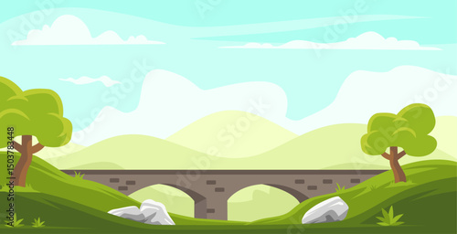  A stone bridge spans a valley with rolling green hills and trees.