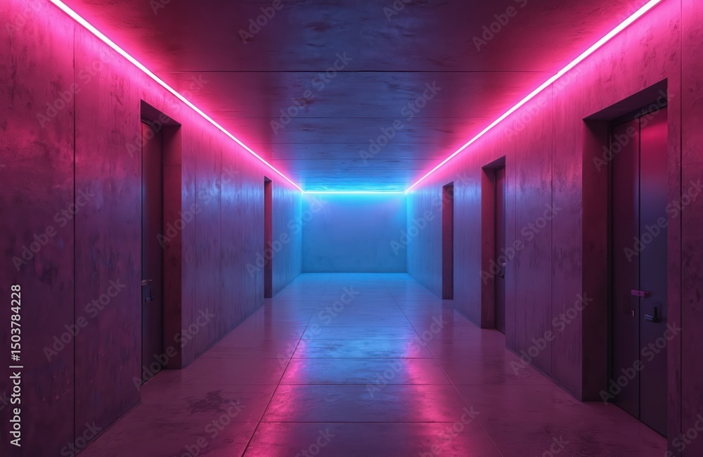 Futuristic hallway with neon lights. Modern interior, walls, doors, floor illuminated with pink, blue lights. Empty space. 3D rendering, digital art, digital illustration of a sci-fi station. Futuristic hallway with neon lights. Modern interior, walls, doors, floor illuminated with pink, blue lights. Empty space. 3D rendering, digital art, digital illustration of a sci-fi station.