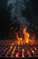 Close-up view of a hot, flaming barbecue grill grate with sparks and smoke. Steel grill, open fire on black background. Cooking concept for outdoor summer party, bbq, backyard activities.