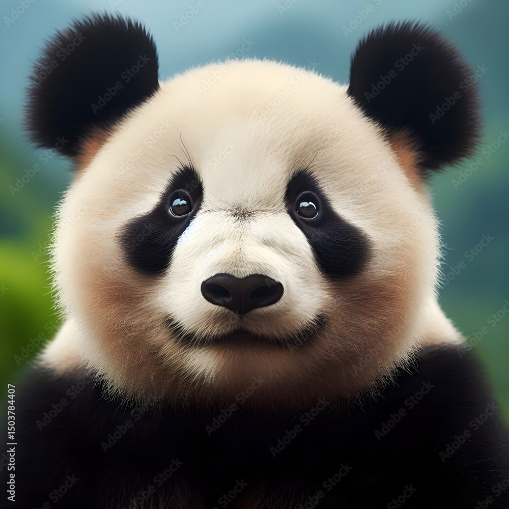 Fototapeta premium A Heartwarming Close-Up of an Adorably Fluffy Panda Cub with Wide Innocent Eyes and a Soft Expression in a Lush Mountain Forest
