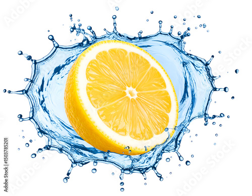 Lemon slice in water splash on transparent background.