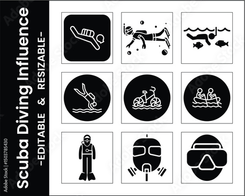 Scuba Diving And Water Sports Icon Set With Editable And Resizable Vector Designs