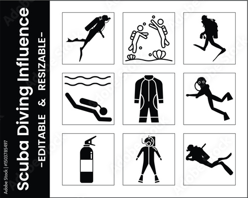 Scuba Diving Icon Set In Black And White Depicting Divers And Equipment