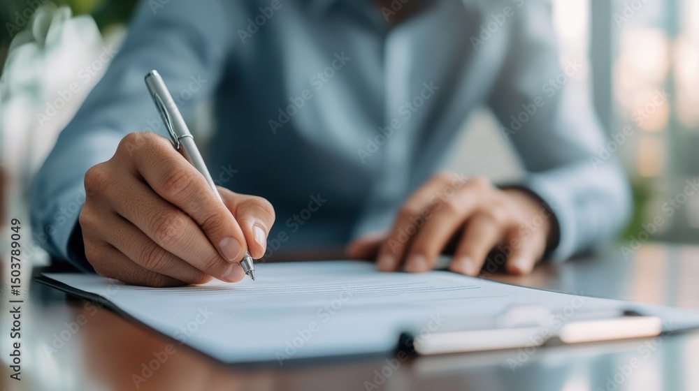 Businesswoman Reviewing Contracts in Organized Office Setup Businesswoman Reviewing Contracts in Organized Office Setup