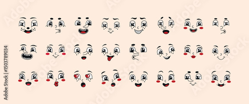 Groovy retro cartoon character faces. Funky comic psychedelic mascot elements, different emotions, happy, sad, surprised faces. 60s, 70s, 80s hippie vector illustration set.