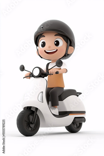 A cheerful 3D rendered illustration of a happy child wearing a helmet while riding a white scooter.