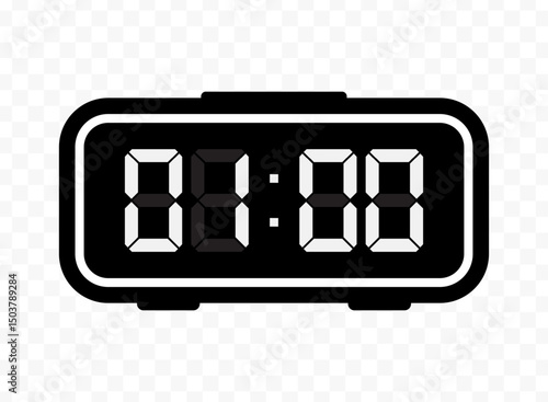 Vector illustration of one o'clock digital clock icon sign and symbol. black icon for website design .Simple design on transparent background