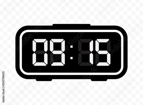 Vector illustration of quarter past nine digital clock icon sign and symbol. black icon for website design .Simple design on transparent background