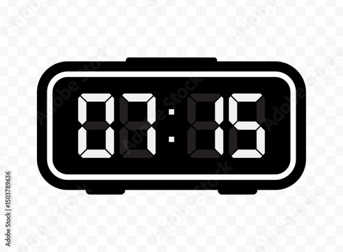 Vector illustration of quarter past seven digital clock icon sign and symbol. black icon for website design .Simple design on transparent background