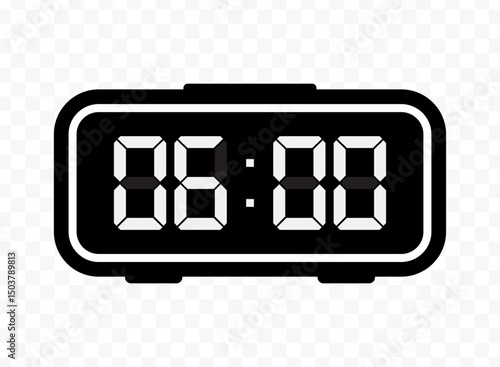 Vector illustration of six o'clock digital clock icon sign and symbol. black icon for website design .Simple design on transparent background