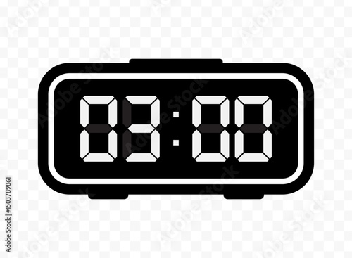 Vector illustration of three o'clock digital clock icon sign and symbol. black icon for website design .Simple design on transparent background