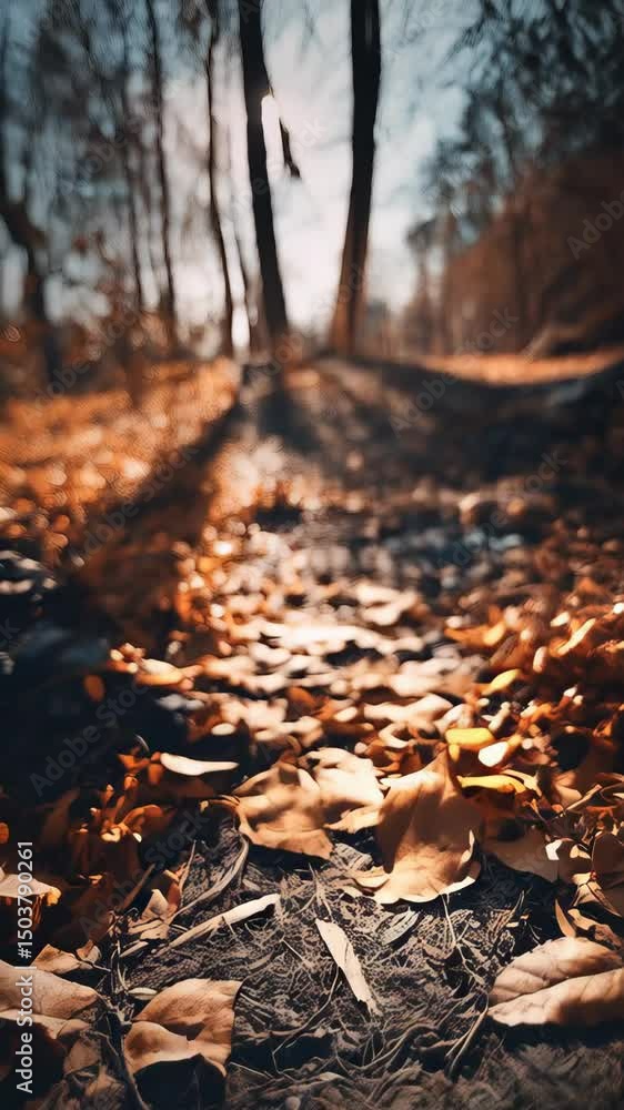 Autumn forest floor covered in fallen leaves, creating a warm, textured natural landscape with trees blurred in background Autumn forest floor covered in fallen leaves, creating a warm, textured natural landscape with trees blurred in background