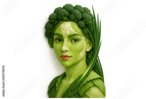 Creative Portrait of a Woman’s Face Made Entirely of Fresh Vegetables – Vegan Concept Art with Organic Elements and Neutral Background – Unique Food-Inspired Design