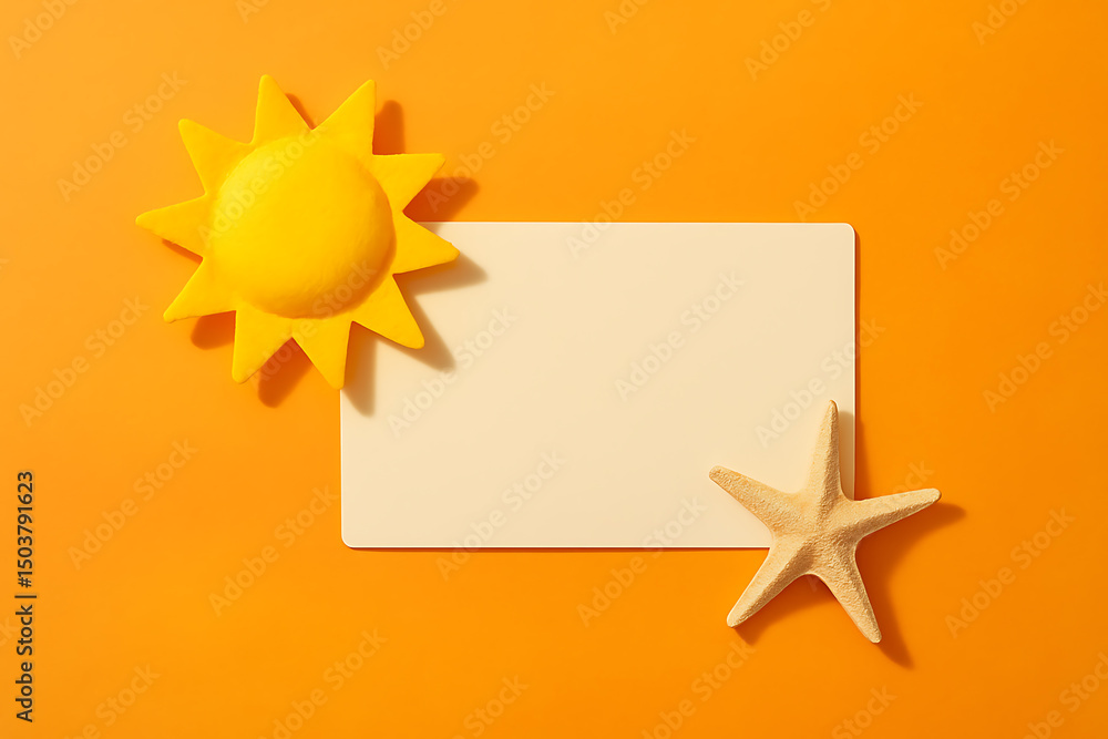 Obraz premium 夏のセールを演出する太陽とヒトデの装飾と無地カード