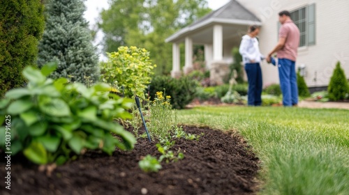 Homeowner Consults Landscaper About Plant Options in Beautiful Garden
