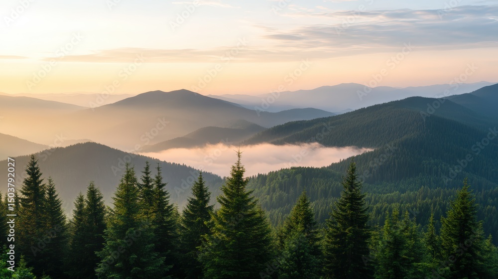Fototapeta premium Serene Mountain Landscape at Sunrise with Soft Fog and Trees