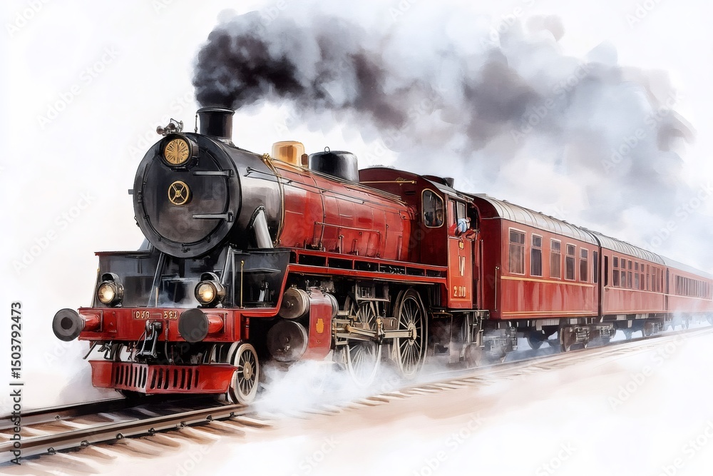 Obraz premium Red steam train locomotive pulling passenger cars is emitting smoke and running on railway