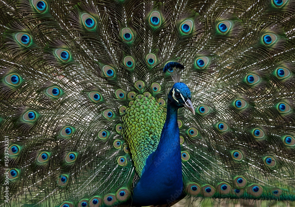 Obraz premium Close-up of a Majestic Peacock with Displayed Tail Feathers. Generative Ai