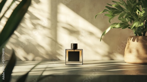 Elegant perfume bottle with natural light and greenery