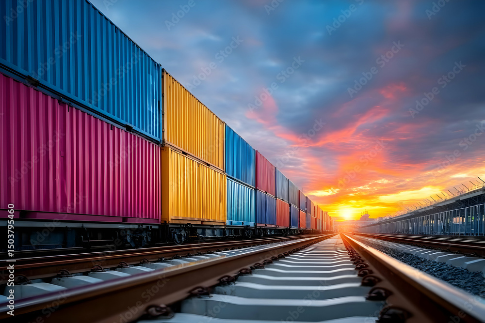Obraz premium A stunning sunset illuminates colorful shipping containers lined along the railway tracks, symbolizing global trade and logistics in an industrial landscape.