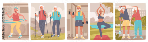 Elderly people and active lifestyle. Set of characters seniors, elderly men and women doing sports in the nature and in the gym