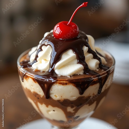 Decadent sundae with layers of coffee ice cream and a maraschino cherry on top