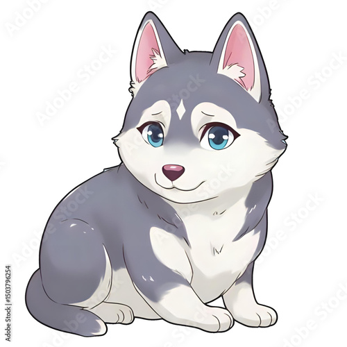 Siberian Husky Puppy (Wolf), Grey Fur, Blue Eyes, Facing Right, Sitting Shy