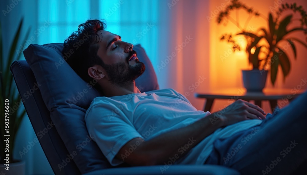 Fototapeta premium Man rests in recliner, enjoying daytime nap. Clear lighting emphasizes relaxed state, promoting mindfulness and restfulness. Concept polyphasic sleep schedule, recharging energy.