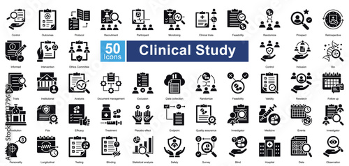Clinical Study icon set in glyph style, featuring 50 icons on clinical trials, research protocols, data analysis, and patient monitoring. Ideal for medical research, healthcare, and pharmaceuti