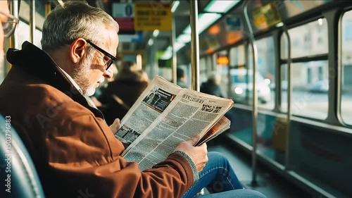 Elderly man reading newspaper on public transport, surrounded by commuters in a bright urban setting
