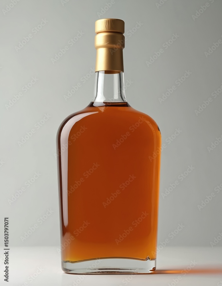 Elegant bottle with amber liquid spirit. Alcohol beverage for bar, shop, restaurant. Brandy, whiskey, cognac, bourbon, scotch. Golden cap, transparent glass, brown drink. Elegant bottle with amber liquid spirit. Alcohol beverage for bar, shop, restaurant. Brandy, whiskey, cognac, bourbon, scotch. Golden cap, transparent glass, brown drink.