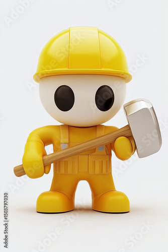 A charming 3D rendered cartoon of a cute yellow construction worker holding a sledgehammer.